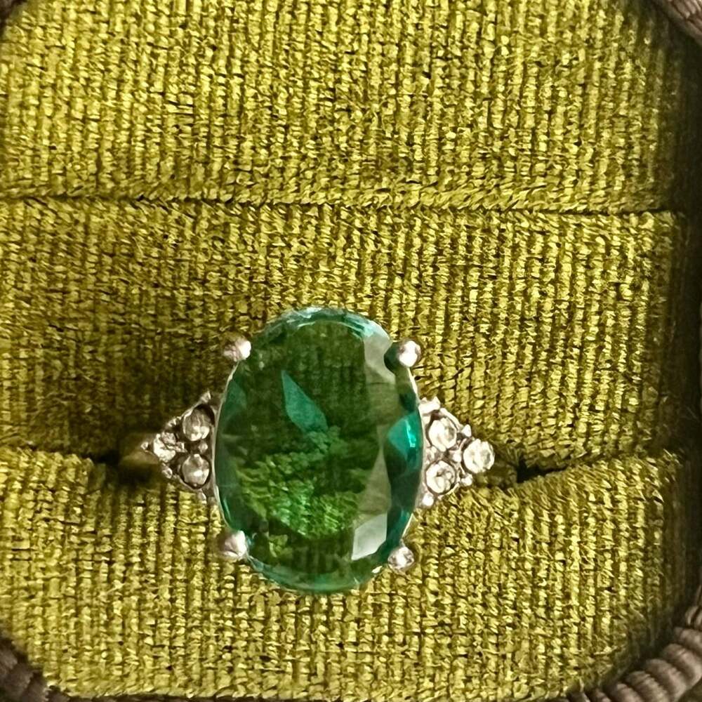 Oval Green Stone Cocktail Ring Titanium Steel Band with CZ Accents Size 7